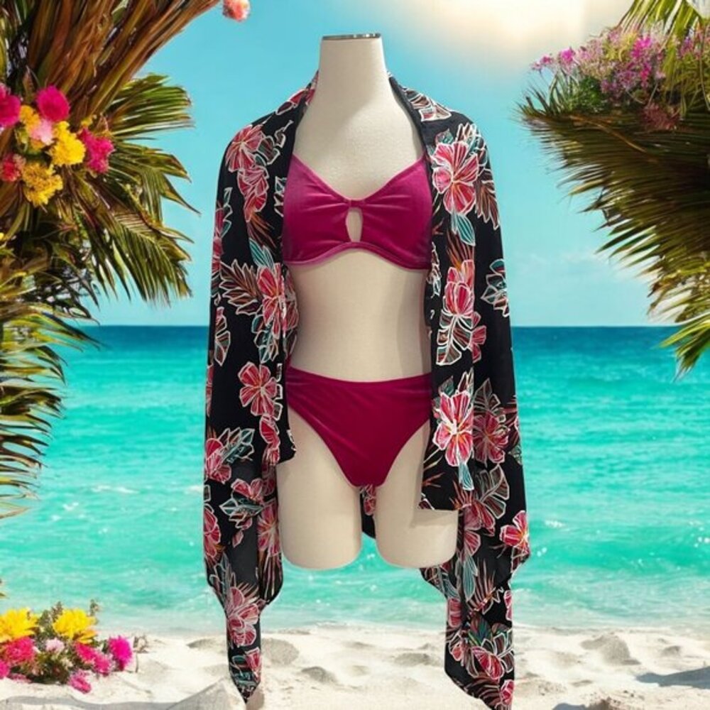 Jessica Simpson‎ Pink Bikini Set Black Floral Sarong Tropical Swimwear Resort